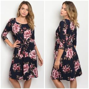 3-Pack Navy & Pink Floral 3/4 Sleeve Dress